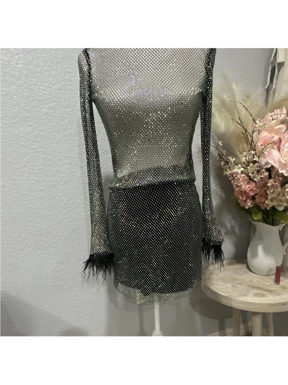 Steve Madden Silver Mesh Mini Dress with Feather Trim